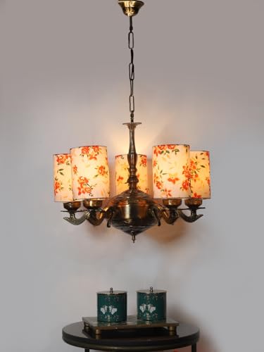 Image of Devansh 05 Lights Printed Round Cotton Shade with Antique Golden Chandelier -D