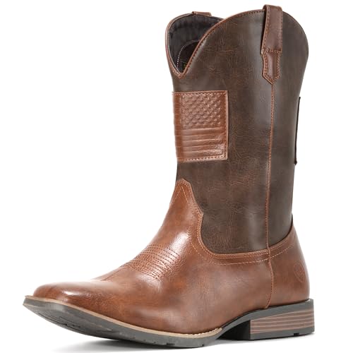 Image of IUV Cowboy Boots For Men Wide Western Boot Traditional American Flag Retro Square Toe Country Work Boots