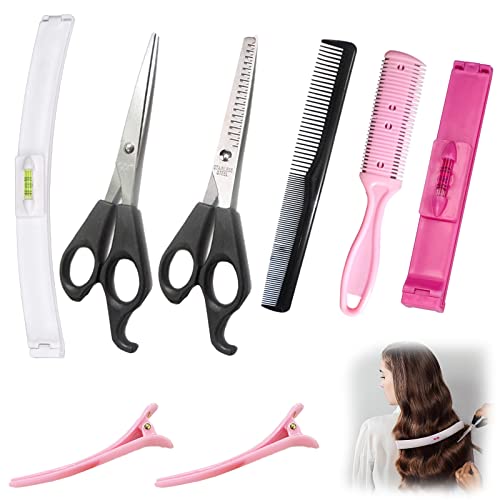 Pony Schneiden Hilfe 8 Stücke Haare Selber Schneiden Hair Cutting Clip Haarschneide Schablone mit Zweiseitiger Kamm Gekerbte Schere 2 Klammern DIY Haarschnitt Klammern Styling Ruler Haarschneideset Cover