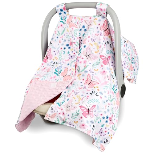 Image of Baby Car Seat Cover, Peekaboo Opening Car Seat Canopy for Baby Girls Boys, Mom Nursing Breastfeeding Covers, Blanket for Infant, Butterfly