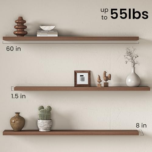 Image of Fun Memories 60Inch Long Floating Shelves, 8 Inch Deep Shelves for Bedroom|Living Room, Wall Mounted Wood Hanging Shelf with Invisible Brackets for Fireplace Mantel Home Storage Decor, Walnut - 1 Pack
