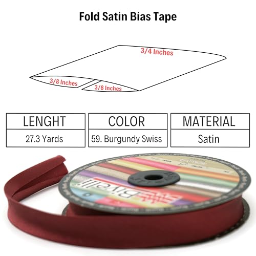 Image of Fold Satin Bias Tape - 99+ Colors - 3 /4 Inches Wide - 27 Yards - Fold Satin Binding Bias Ribbon Fabric Piping Bias Binding Tape for Sewing Clothing DIY (59. Burgundy Swiss) BYS59