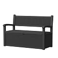 TimberAura 80 Gallon Resin Outdoor Storage Bench, Weatherproof Deck Box with Rattan Texture, 2-3 Person Garden Bench Seating for Patio Furniture, Pool Toys, Cushions, Lockable & 500lbs Capacity, Black