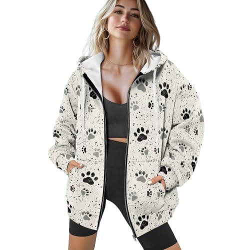 Suhoaziia Kapuzenpullover mit Reißverschluss in Übergröße für Damen, langärmelige Sweatshirt-Jacken, Herbst/Winter-Outfits, modische Kleidung, Mantel, Hundepfoten, M