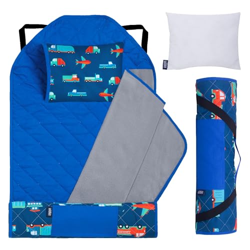 Image of Wildkin Modern Kids Nap Mat with Pillow for Boys - Cotton Blend, Elastic Straps, Toddler Sleep Mat for Daycare, Preschool, Kindergarten & Travel, Ages 3-7, Machine Washable - Transportation
