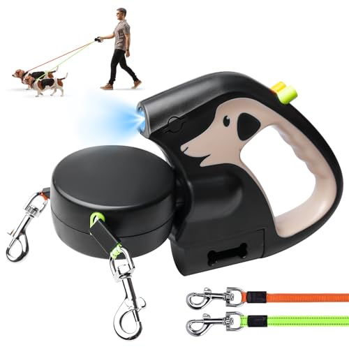 Correa Retráctil Doble para Perro, Correa para Perros con Luz, Correa para Perros De 3 Metros, Correa Extensible con Cómodo Mango Ergonómico, Correa Extensible para Dos Perros(Marrón)