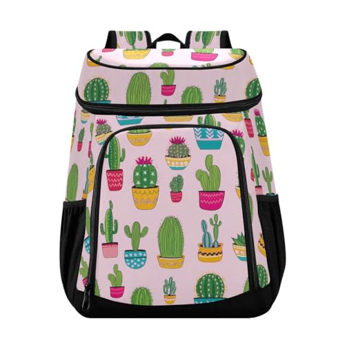 Pink Cactus Plant Cooler Backpack Leakproof Insulated Lunch Cooler Bag 30 Cans Camping Backpacks for Road Trip Picnic Beach