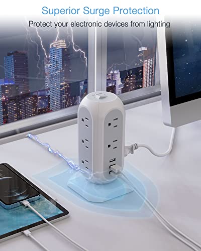 15 Ft Extension Cord Tower Power Strip, 11 Outlets 3 Usb Chargers, Tessan Surge Protector With Multi Plug Outlet 1875W/15A, Flat Plug, Office Supplies, Desk Accessories, School Dorm Essential #TOP4
