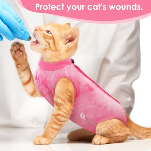 Image of SAWMONG Cat Surgery Recovery Suit,Breathable Cat Onesie After Surgery Spay Surgical,E-Collar Alternative Non-Lick Pet Body Suit Pink L