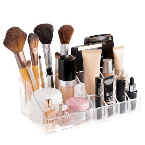 Masirs Clear Makeup Organizer - 16-Compartment Cosmetic and Jewelry Holder with 4 Drawers - Vanity Storage Box for Makeup, Skincare, Accessories, and Jewelry Display