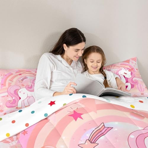 Image of Erosebridal Unicorn Bedding Set for Girls King Kawaii Rainbow Unicorn Comforter Set Unicorn Bedroom Decor for Girls Kids Cartoon Horse Duvet Set Ombre Unicorn Stars Quilt Comforter Pink 3 Pcs