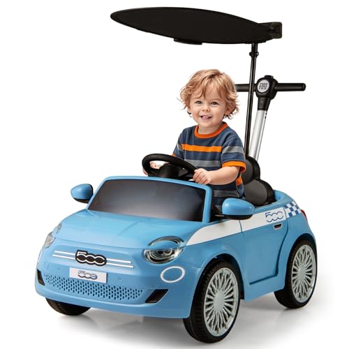 Image of OLAKIDS Push Car for Toddlers, 3 in 1 Licensed Fiat 500e Baby Sliding Walking with Parent Control Handle Adjustable Canopy Footrest, Kids Ride on Toys with Horn for Boys Girls (Blue)