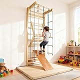 CCLIFE Sprossenwand Turnwand Gym Klettergerüst Holz Sportgerät Kletterwand mit Stange Fitness Kinder Erwachsener ZERRO
