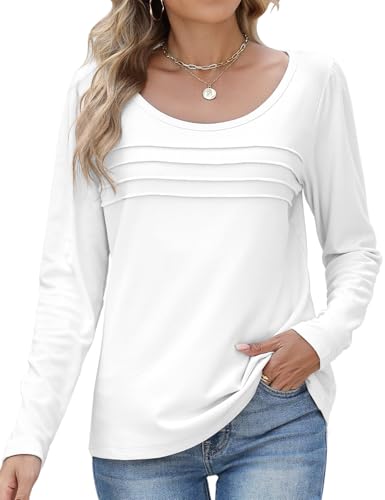 PASUDA Camiseta Manga Larga Mujer Camiseta Termica con Cuello Redondo Ajustada Elástico Camisas Elegantes T Shirt Top para Otoño e Invierno（Blanco, XXL）