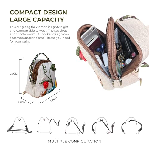 Image of S&A Bohemian Flower Women's 4 way Convertible Bag - Handcrafted Embroidery Flower Multi-Way Mini Backpack, Shoulder Sling & Handbag with Large Capacity Multiple Holdings - Ideal for Travel & Gifting