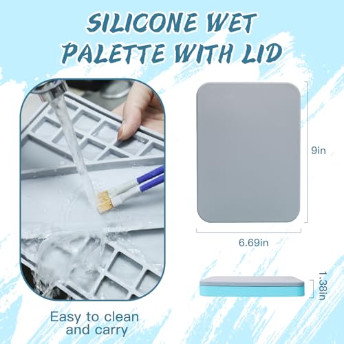 Silicone Stay Wet Palette for Acrylic Miniature Painting, Paint Tray Palettes with Lid, 50PCS Pallet Paper, 2PCS Sponges and A Brush Holder