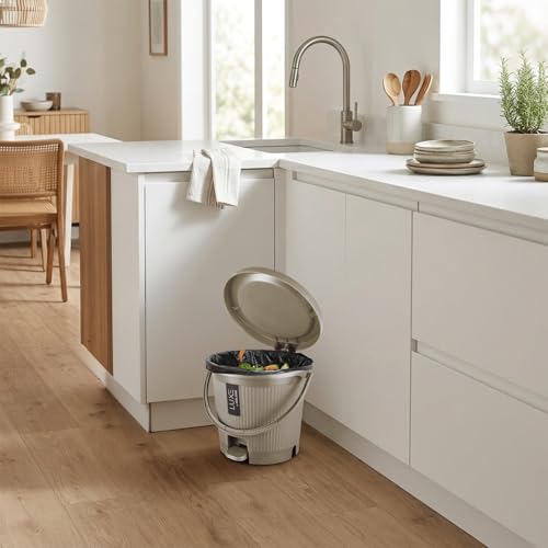 Image of KOLORR Luxe Premium Plastic Pedal Dustbin | Modern Plastic Waste Bin, Trash can with Sleek Design for Home, Kitchen, Office, Bathroom & Washroom - Small, Lt Brown