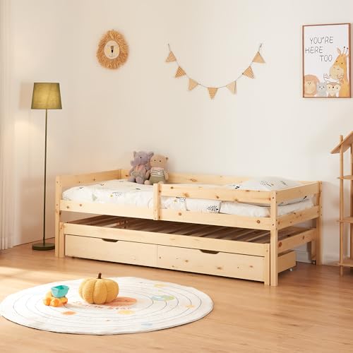 [en.casa] Lit Gigogne pour Enfant avec 2 Tiroirs et Barrière de Protection Capacité de Charge 100 kg par Couchage Espace de Rangement Bois de Pin...
