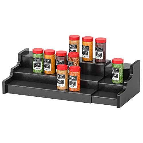 black spice rack - Spice Rack Organizer For Cabinet - 3 Tier Black Bamboo Wooden Expandable Display Shelf from 12.70 to 22.20 inch