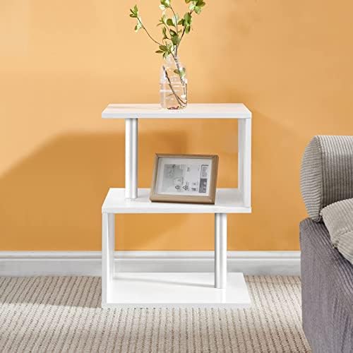 LEMROE White LED End Table High Gloss Side Table with 2 Storage Shelves and Steel Tubes for Living Room Small Coffee Table Bedroom Storage Unit for Home Furniture (1PC)