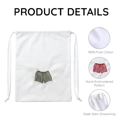 Image of Lingerie Drawstring Bags Set of 3, 15x15 inch, 100% Pure Cotton, Blue Embroidery Pattern Pouch for Underwear, Swimwear, Travel Storage, Washable Beach Bags for Men (White)