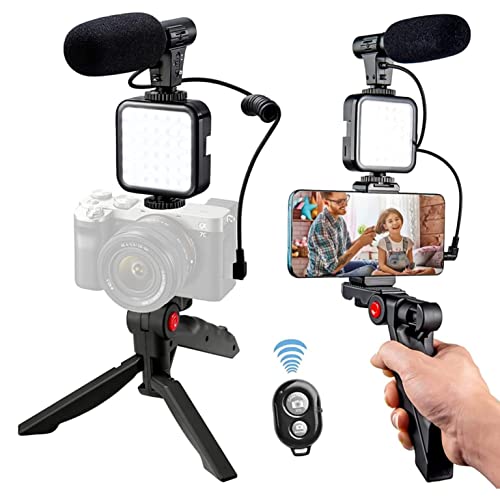 tpz Tripod Smartphone Camera Video Kit, Mini Tripod with Shotgun Podcast Microphone, Phone Holder, LED Light for YouTube Video, Vlog, Photography Reel Maker kit with Light and Tripod