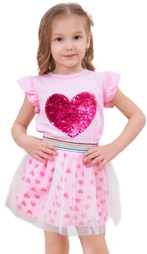 RETSUGO Toddler Girls Heart Skirt Set Summer Valentines Day Outfit Kids Flutter Sleeve Shirt Pink Tulle Skirts Tutu Heart Print Dress 5-6 Years