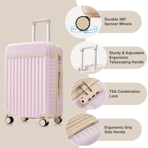 Image of Hardshell Luggage, Lightweight Suitcase with Spinner Wheels, LIGHT PINK+USB