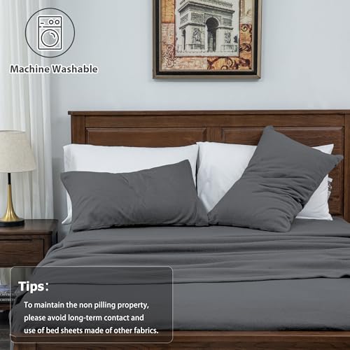 Image of Fleece Sheet Set Queen, Soft Plush Bed Sheets, 4-Piece, Grey | 100% polar fleece, plush on both sides for winter warmth; low-shedding, pill-resistant, 15-inch pocket, machine washable