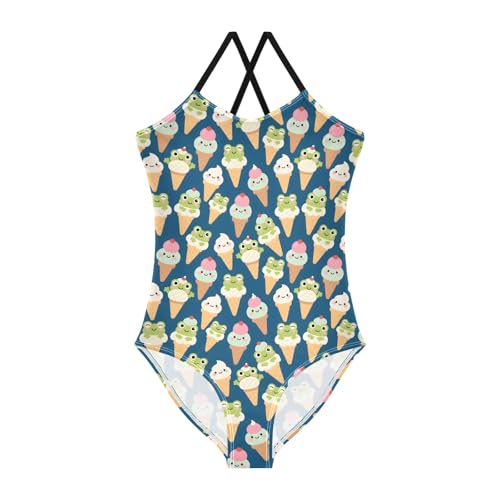 senya Girls Swimsuits One-Piece Swimwear Tie Bathing Suit Beach Summer Round Neck 5-6T Ice Cream Frog Pattern