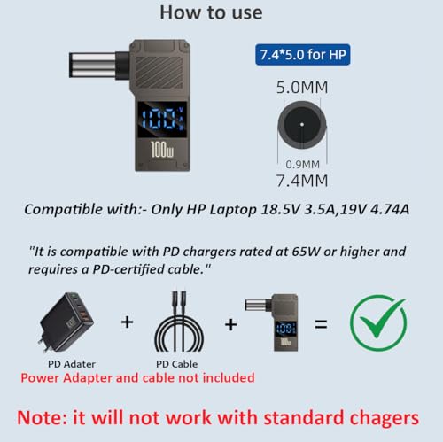 Image of ETZIN USB C to DC 7.4 x 5.0mm DC Power Fast Charging Adapter for HP | Aluminium Alloy 90 Degree Angled (7.4x5.0mm HP)