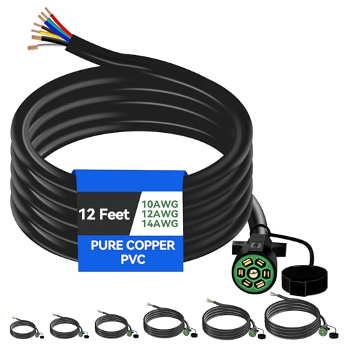 Image of 12 Ft 7 Pin Trailer Plug 10-14AWG 7 Way Trailer Plug Brass 7 Pin Trailer Wiring Harness Heavy Duty 7 Wire Trailer Wiring Harness Kit With Dust Cover 7 Way Trailer Wire for Rv Trailer Camper