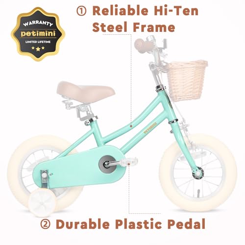 Image of Petimini Vintage Kids Bike for Girls, 12-20 Inch Classic Bicycle with Wicker Basket & Bell, High Tensile Steel Frame, Training Wheels (12-18 inch), 85% Pre-Assembled, Retro Bike for Outdoor Riding