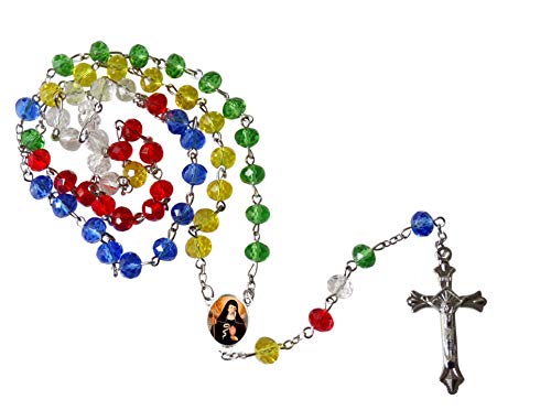 Gifts by Lulee, LLC Saint Gertrude The Great Patron of The Cats and The Dead Rainbow Quartz Faceted Beads Rosary with Silver Plated Centerpiece and Crucifix Includes a Blessed Prayer Card