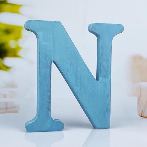 WOODOUNAI 6 Inch Rustic Blue Wood Letters Unfinished Wood Letters for Wall Decorative Blue Retro Standing Letters Sign Board Decoration for Craft Home Party Projects (N)