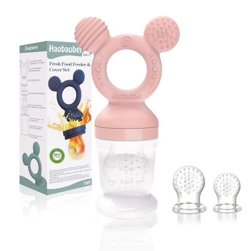 Image of HAOBAOBEI Baby Fruit Feeder, Frozen Teething Toys, Teether Pacifier with 3 Extra Teats, Infant Eating Essentials, BPA Free Baby Feeding Supplies (Pink)