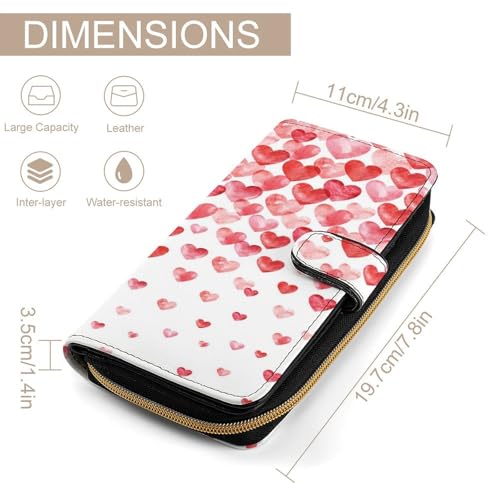 Nugier Women Soft PU Leather Wallet, Zipper Card Case Clutch Credit Bills Money Crash Coin 7.8x4.3x1.4 in Holder Purse Print Valentine Day Watercolor Hearts Falling Red Hearts2