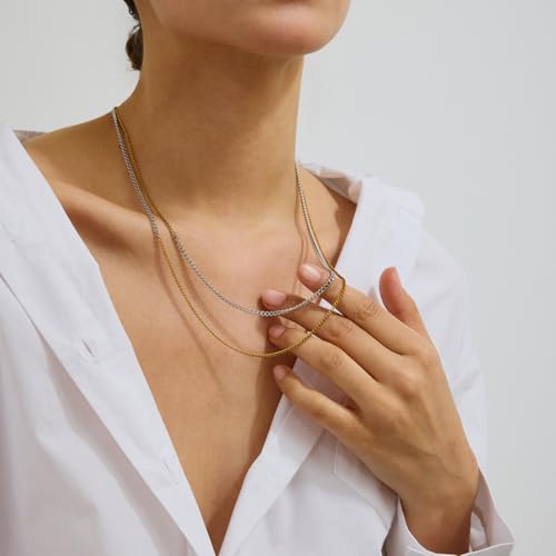 Stackable Chains Women 18K Plated Box Cuban Paperclip Layered Chain Choker Necklace Gold Silver Multi Chain Mixed Metal Stack Chains Set for Women2