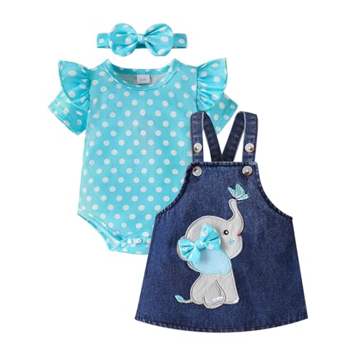 Image of Baby Girl Clothes Newborn Ruffle Romper Elephant Jeans Skirt 0-18M | Soft Romper, Adjustable Jean Skirt with Headband Elephant Butterfly Design, Snap Closure, Everyday Wear