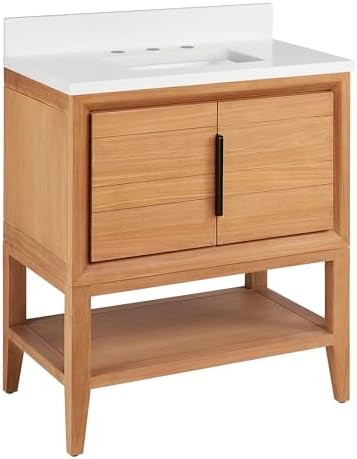 Signature Hardware 955226-30-rumb-3 Aliso 30" Console Teak Single Basin Vanity Set with Cabinet, Vanity Top, and Rectangular Undermount Sink - 8" Faucet Holes - Natural Teak/Arctic White