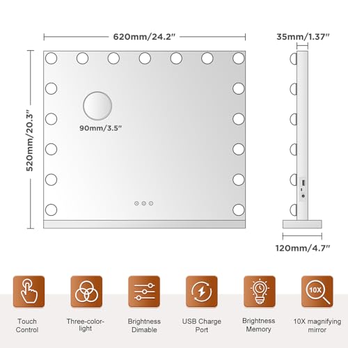 Image of M MIVONDA Large Vanity Mirror with 17 Bulbs Lights, Hollywood Lighted Makeup Mirror for Desk and Wall, Dimmable 3 Lighting Modes, Plug-in & USB Charger Port