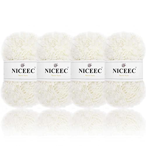 Niceec 4 Skeins Fancy Loop Yarn Soft Soft Novelty Yarn For Diy Craft Fashion Yarn For Crochet Knitting Boucle Yarn Fingering Weight Yarn Totle Length 4×65Yds(4×1.76Oz)-White #TOP16