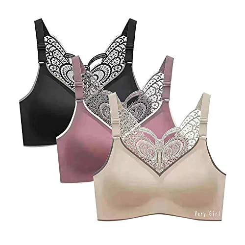 MAYW Butterfly Embroidery Lace Back Wirefree Bra Push up Plus Size Yoga Sports Bra M-3XL Daily Bra,Exercise Fitness Racerback Workout Yoga Bra Tank Top Great Support with Removable Cups for Women