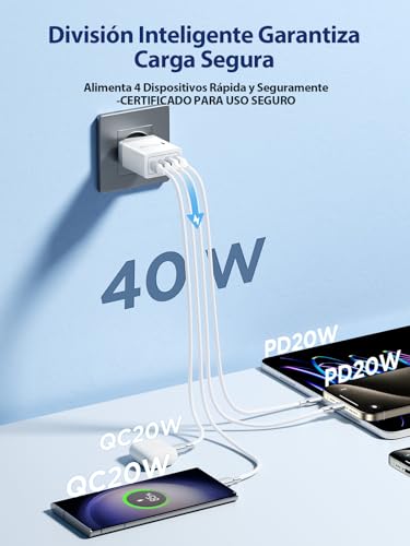 Miniatura 2 de Aioneus Cargador Usb C, 40w 4-Puertos Usbc Enchufe Cargador Iphone Carga Rapida, Múltiple Cargadors Qc Pd Rápido Pared Adaptador Tipo C Para Iphone 17 16 15 14 13 12 11 Pro Max Xr Xs 8 7,Ipad,Samsung