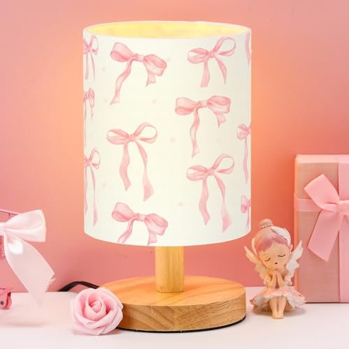 Image of VIHOSE Bow Kids Table Lamp for Bedroom Kids Bedside Lamp with Linen Wooden Nightstand Cartoon Nursery Lampshade for Girls Boys Living Room