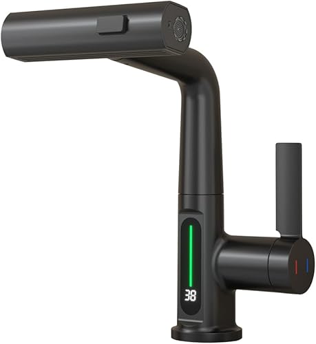 Baño de una sola manija lavabo grifo extraíble con cabezal de pulverización de lluvia temperatura pantalla digital vanidad mezclador grifo negro mate