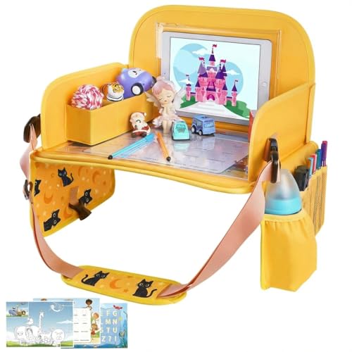 Image of MENZOKE Kids Travel Tray for Toddler Car Seat, Toddler Gift for Boy | Road Trip Essentials Accessories Lap Tray, 16.5 x 13 inch, iPad Holder Stand, Storage Pockets, Snack Compartment, Yellow