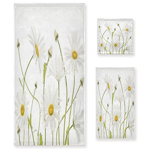 Hatesah Bath Towels Set Rustic White Daisy Summer Flowers Nature Floral Luxury Towels Soft Absorbent 3 Piece Bathroom Towels Set,1 Bath Towel,1 Hand Towel,1 Washcloth,Decorative Towels For Spa,Gym #TOP8