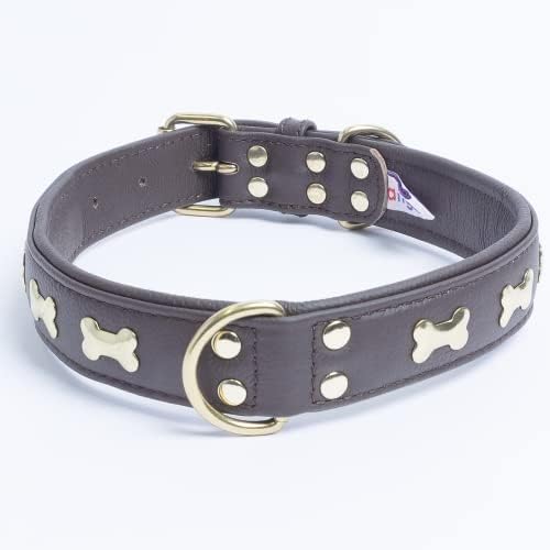 Angel Pet Supplies Inc. Genuine Leather Bones Studded Dog Collar, Soft and Durable Padded Leather. (26” x 1¼”, Brown), 41311