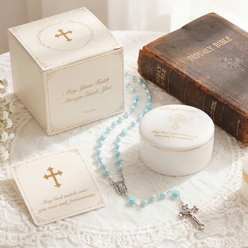 Image of NORBU Baptism Gifts for Girl, My First Rosary with Ceramic Keepsake Box, Rosary for Kids, First Communion & Baby Dedication Gifts for Newborn Baby Boys Catholic Christening Gift